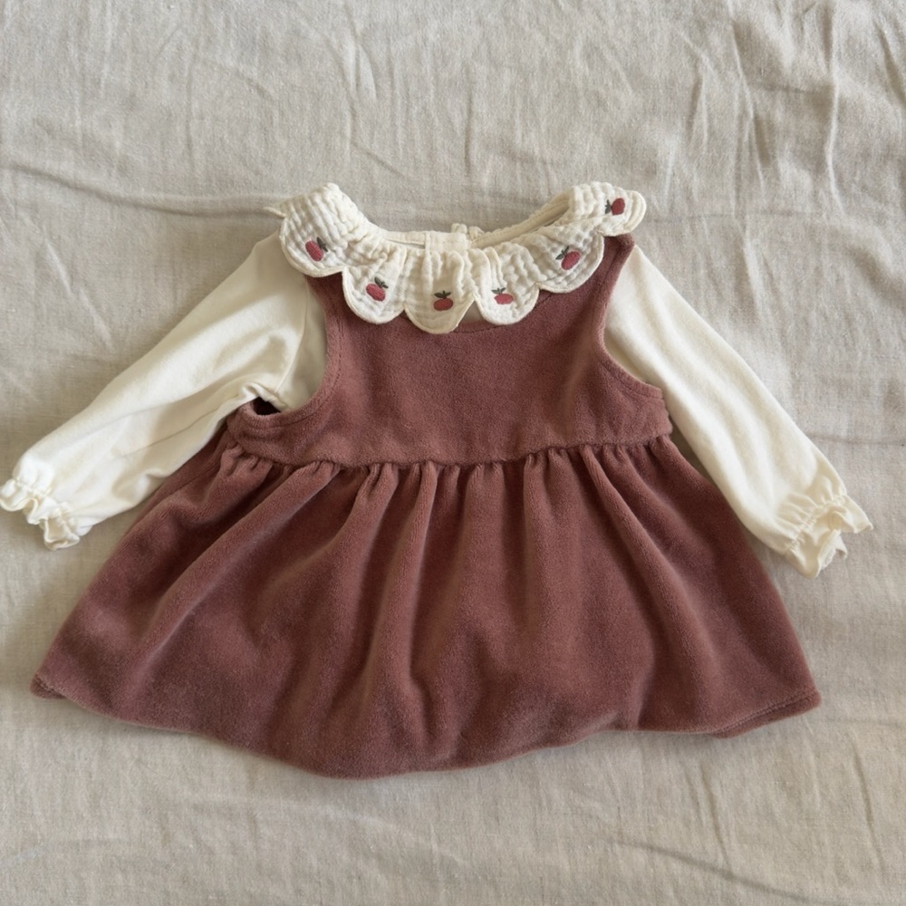 H&M Organic Cotton Soft Velvet Pink Baby Dress & Bodysuit Set